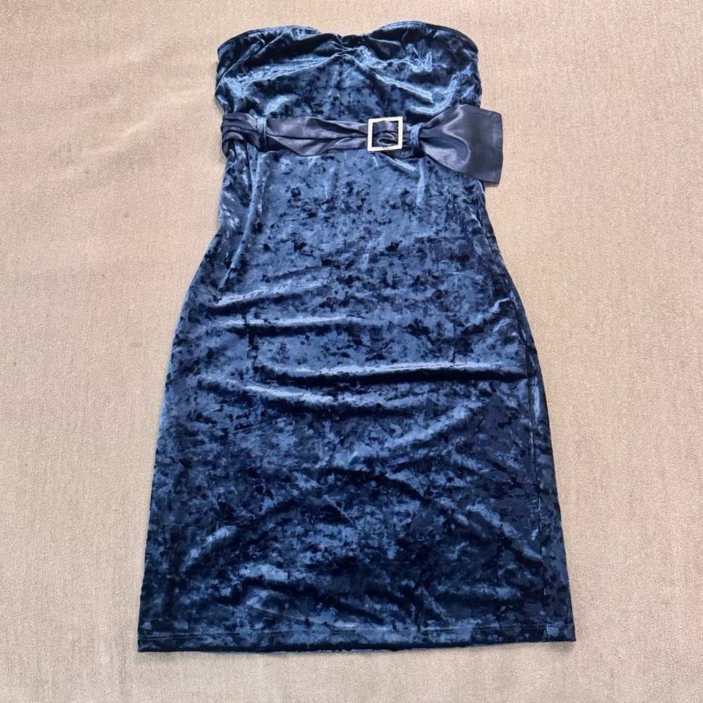 Vintage Guess Dark Blue Crushed Velvet Strapless Mini Dress